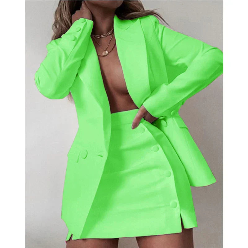 Jacket Sets - Women's 2 Piece Streetwear Blazer & Coat Set, Skirt and Suit