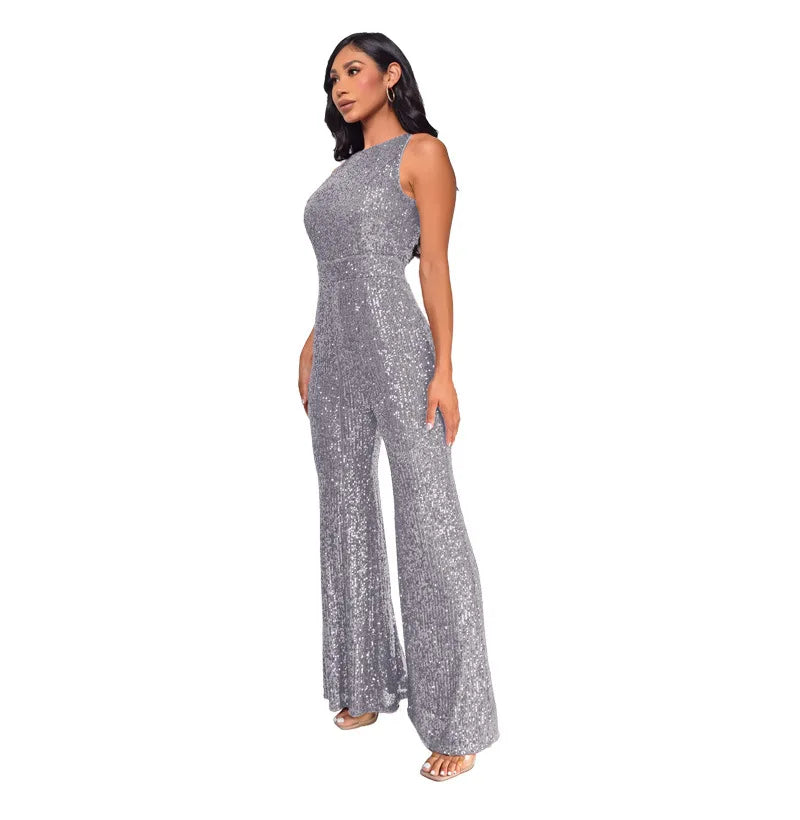 Sleeveless Sequined Jumpsuit Round Neck Slim Fit High Waist Sexy Sprin