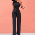 Sexy One Shoulder Jumpsuit Sleeveless Belt Wide Leg Elegant Lady New SSPECIFICATIONSAge: MIDDLE AGEBrand Name: SANWOODCN: GuangdongCraft of Weaving: OtherDecoration: PocketsFabric Type: BroadclothFabric content: 96% and aboveFit Type: DMEwomenstorenull