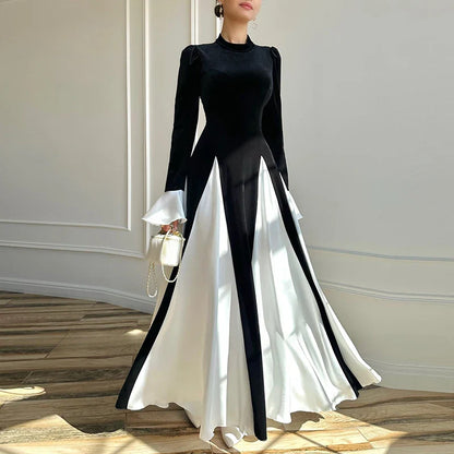 Pleated Dress Color Blocked Flared Sleeves Ladies Elegant Patchwork 