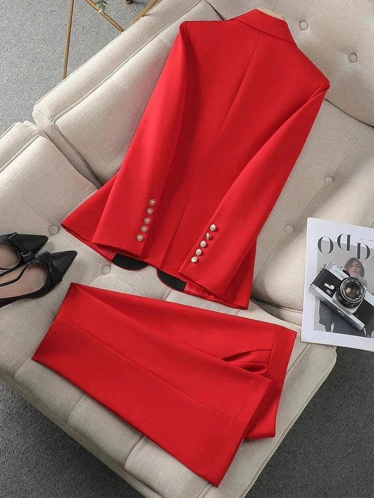 Elegant Red Black Beige Women's Pantsuit Set