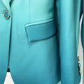 Gradient green slim fitting women's suit set with blazer and pants, featuring single button closure and notched collar.