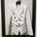 Luxury white double-breasted women's blazer with gold buttons and belt, classic office style.