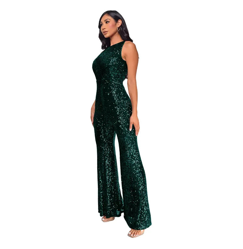 Sleeveless Sequined Jumpsuit Round Neck Slim Fit High Waist Sexy Sprin