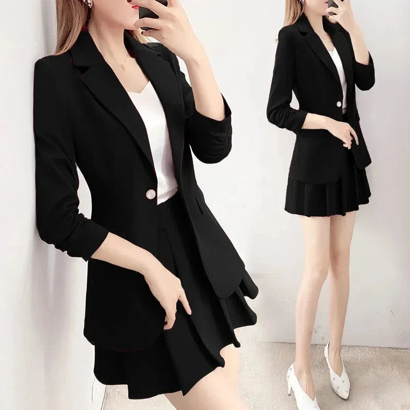 2 piece elegant unlined blazer and A-line skirt set for women.