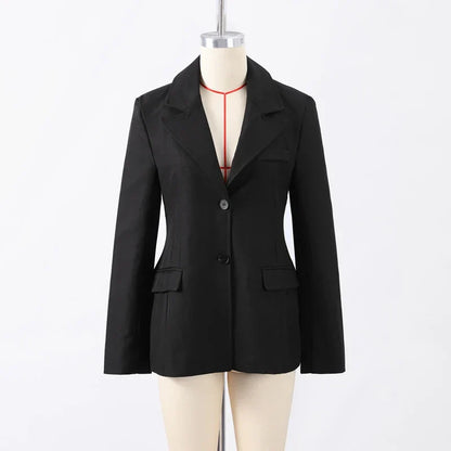 Elegant women's black blazer with slim lapel and single button.