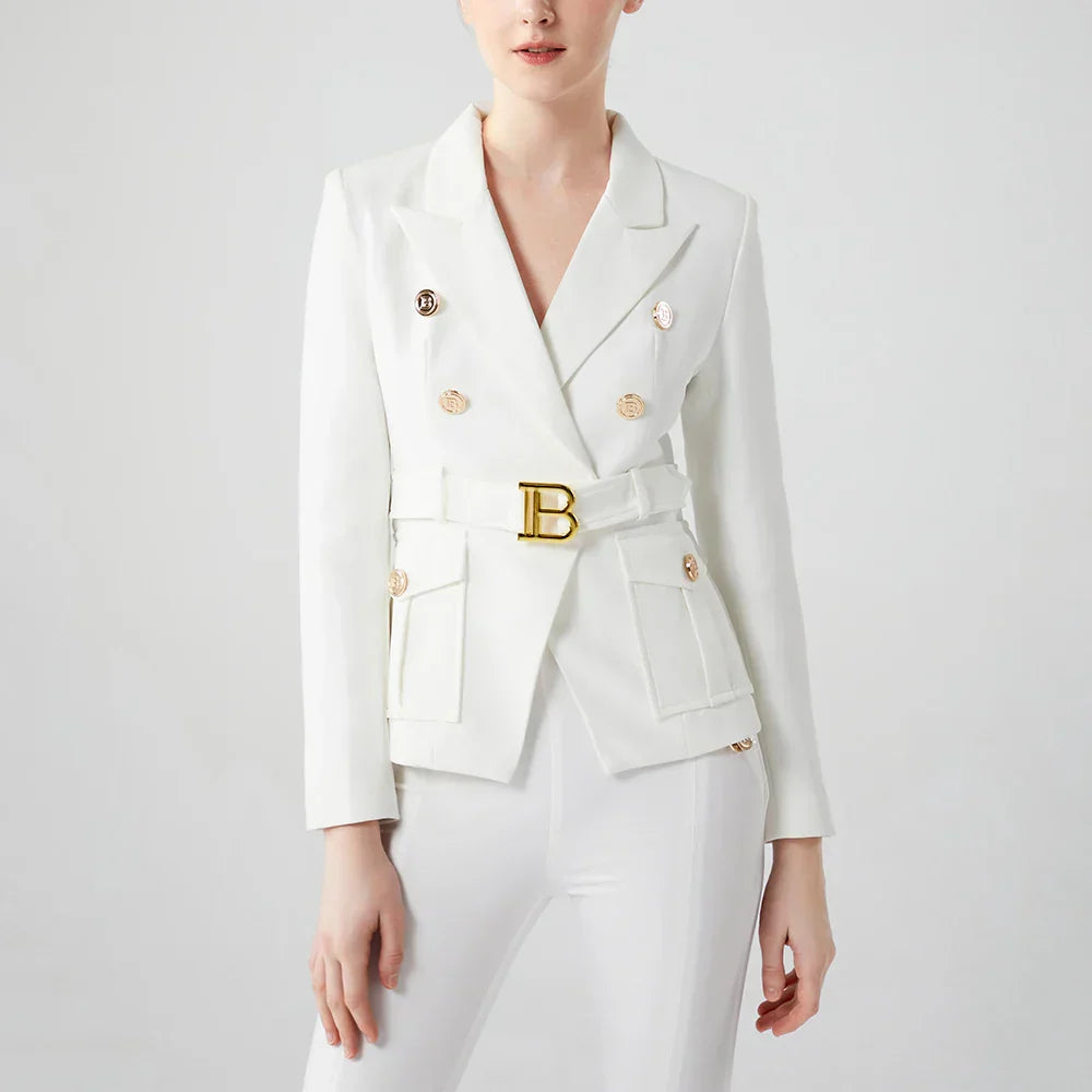 Luxury white women’s double-breasted pocket blazer with notched collar.