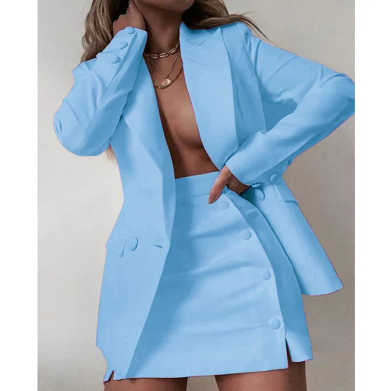 Jacket Sets - Women's 2 Piece Streetwear Blazer & Coat Set, Skirt and Suit