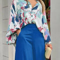 2-Pieces Set Print Blouse Solid High Waist Wide Leg Pants Elegant Lady