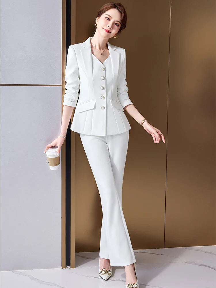 Fashion White Red Black Blazer Jacket And Pant Suit Trousers Women 