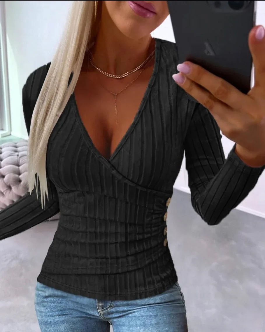 Elegant Deep V-neck Long-sleeved Slim Knitted Top For Women FashionablSPECIFICATIONSBrand Name: owner girlwhether full opening: NoClothing Length: regularMaterial: POLYESTERDecoration: noneClosure Type: NoneCollar: V-NeckElasticity: SlDMEwomenstorenull