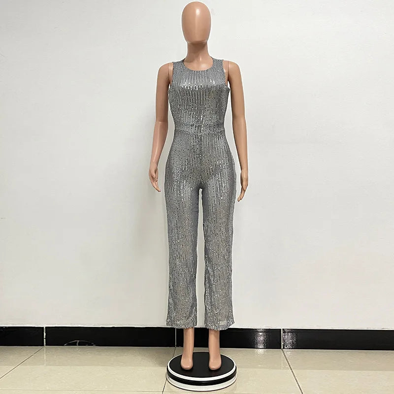 Sleeveless Sequined Jumpsuit Round Neck Slim Fit High Waist Sexy Sprin