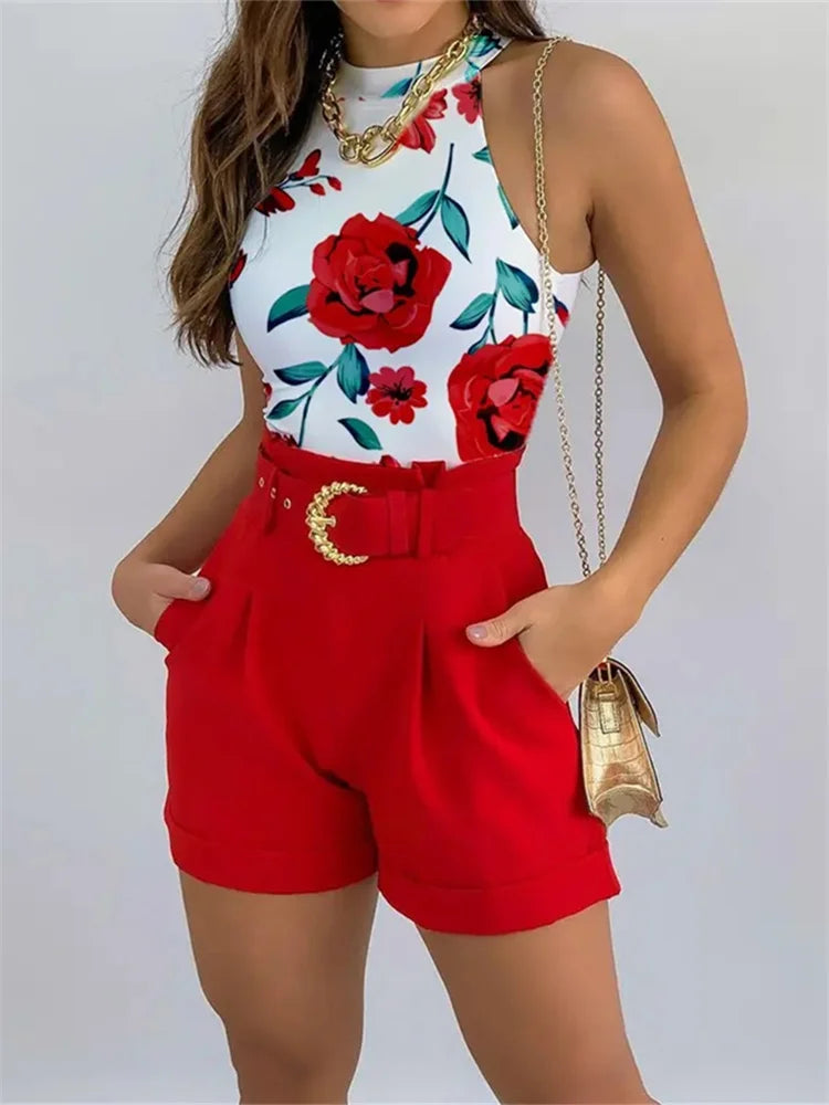 2 Piece Sets Women Outfit Women Two-piece Set, Sleeveless Floral Vest 