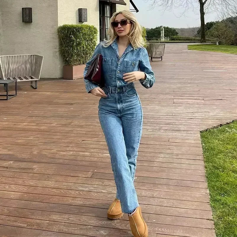 Denim Jumpsuit for Women Overalls Woman Jean Overalls Long Sleeve ElegSPECIFICATIONSBrand Name: NoEnName_NullStyle: StreetwearAge: MIDDLE AGEOrigin: Mainland ChinaCN: GuangdongSeason: Spring/SummerMaterial: POLYESTERDecoration: noneFabDMEwomenstorenull