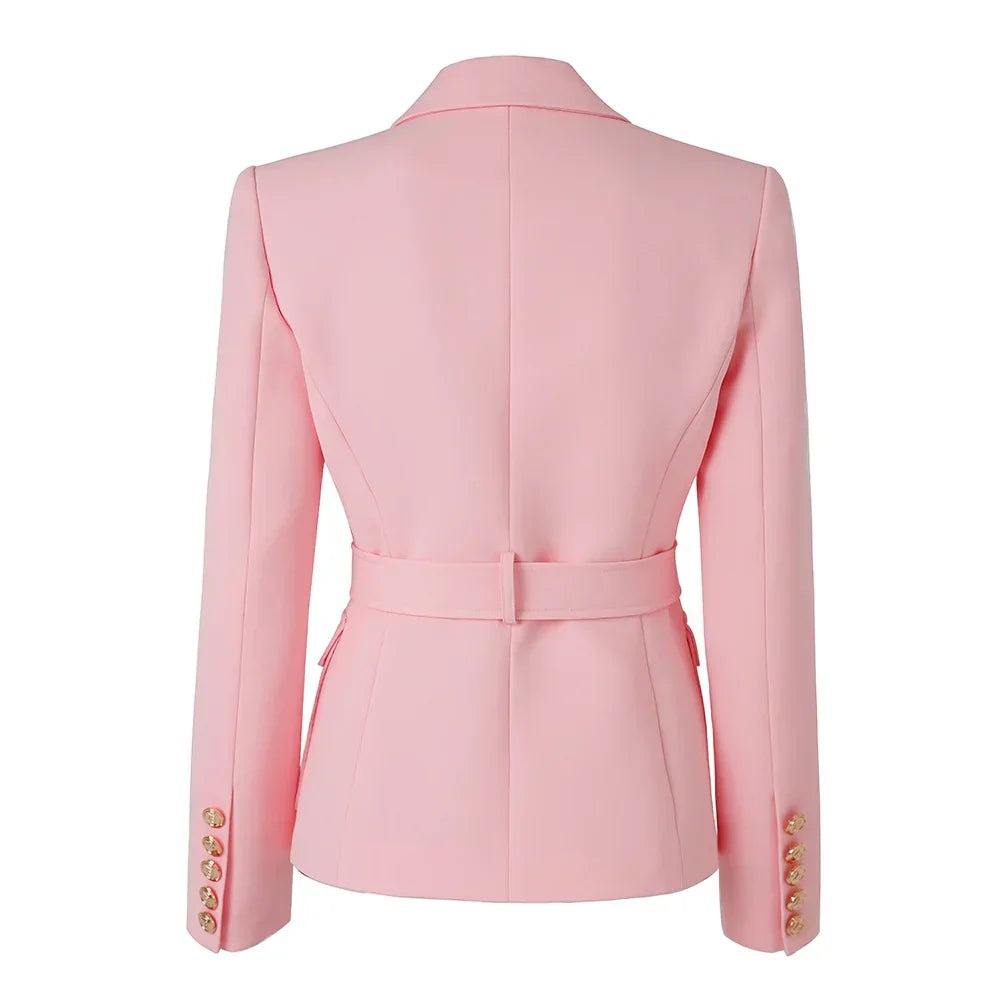 Luxury quality classic style women's blazer in pink with notched collar and double-breasted design.