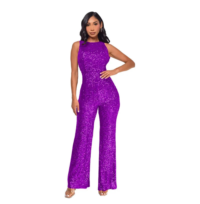 Sleeveless Sequined Jumpsuit Round Neck Slim Fit High Waist Sexy Sprin