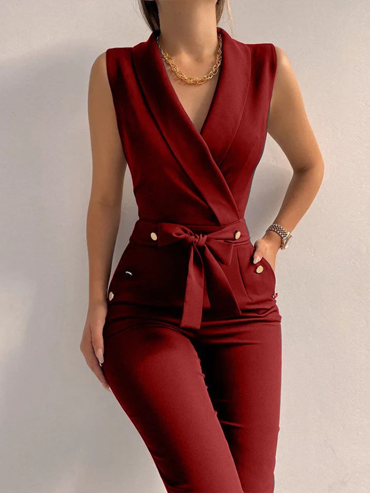 Women V Neck Jumpsuits Button Lace Up Sleeveless Wide Leg PantsSPECIFICATIONSBrand Name: XXOWENLIStyle: CasualAge: MIDDLE AGECraft of Weaving: TATOrigin: Mainland ChinaCN: GuangdongSeason: All seasonMaterial: POLYESTERDecorationDMEwomenstorenull