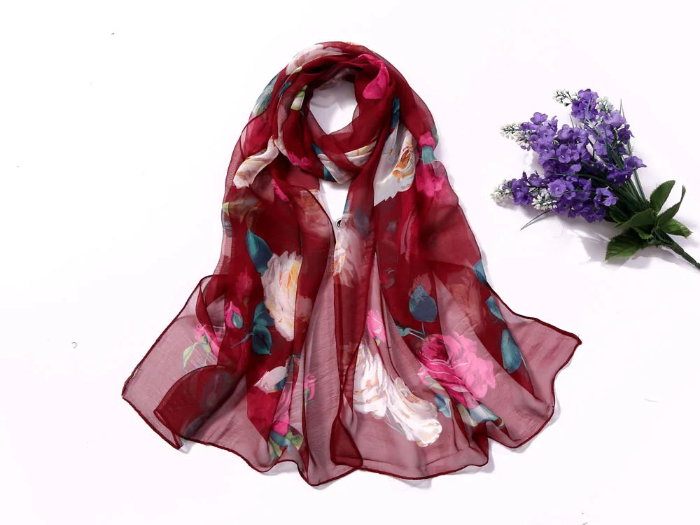 Scarf Women Foulard Shawl Bandana Elegant Beach Sun ProtectionSPECIFICATIONSDepartment Name: ADULTSize: 50*160cm(1cm=0.39in)pattern: RoseApply to season: Spring,Autumn,summerStyle: ElegantColor: Red,Black,Navy blueBrand Name: NDMEwomenstorenull