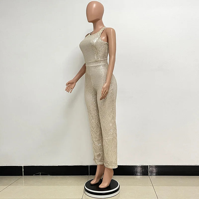 Sleeveless Sequined Jumpsuit Round Neck Slim Fit High Waist Sexy Sprin