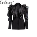 Ladies' black blazer coat with ruffles and shawl collar, slim fit, long sleeve, single button closure.