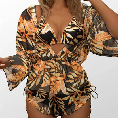 Swimwear- Bikini Set Size Swimsuit Women Long Sleeve Cover Up Print