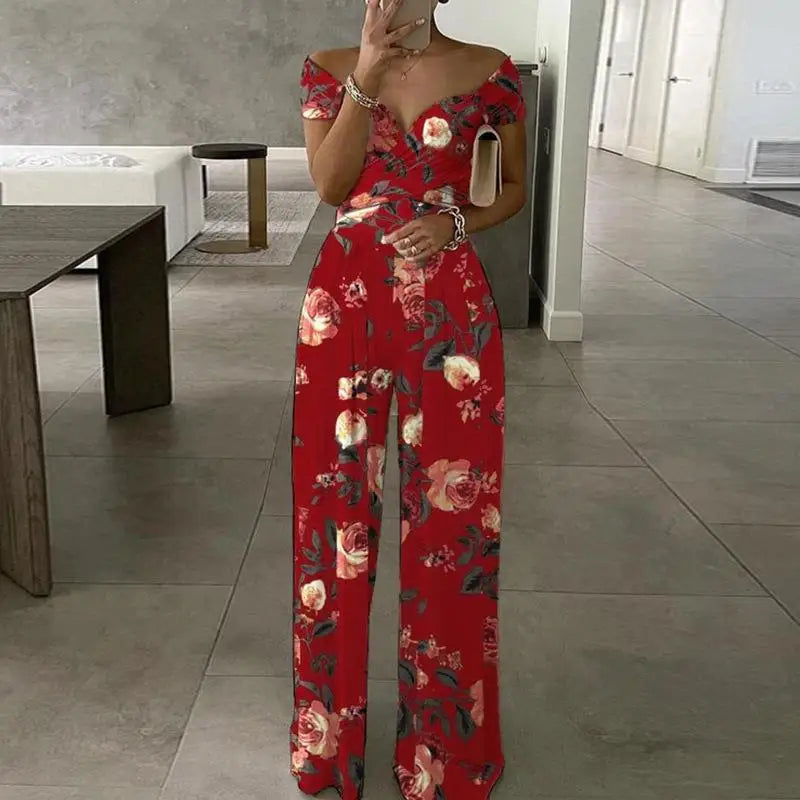 Fashion Printed Casual High Waist Jumpsuit Ladies Sexy Off Shoulder FlSPECIFICATIONSBrand Name: NoEnName_NullStyle: StreetwearAge: MIDDLE AGECraft of Weaving: TATOrigin: Mainland ChinaCN: GuangdongSeason: SummerMaterial: POLYESTERMaterDMEwomenstorenull