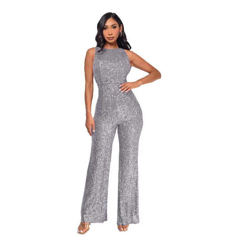 Sleeveless Sequined Jumpsuit Round Neck Slim Fit High Waist Sexy Sprin