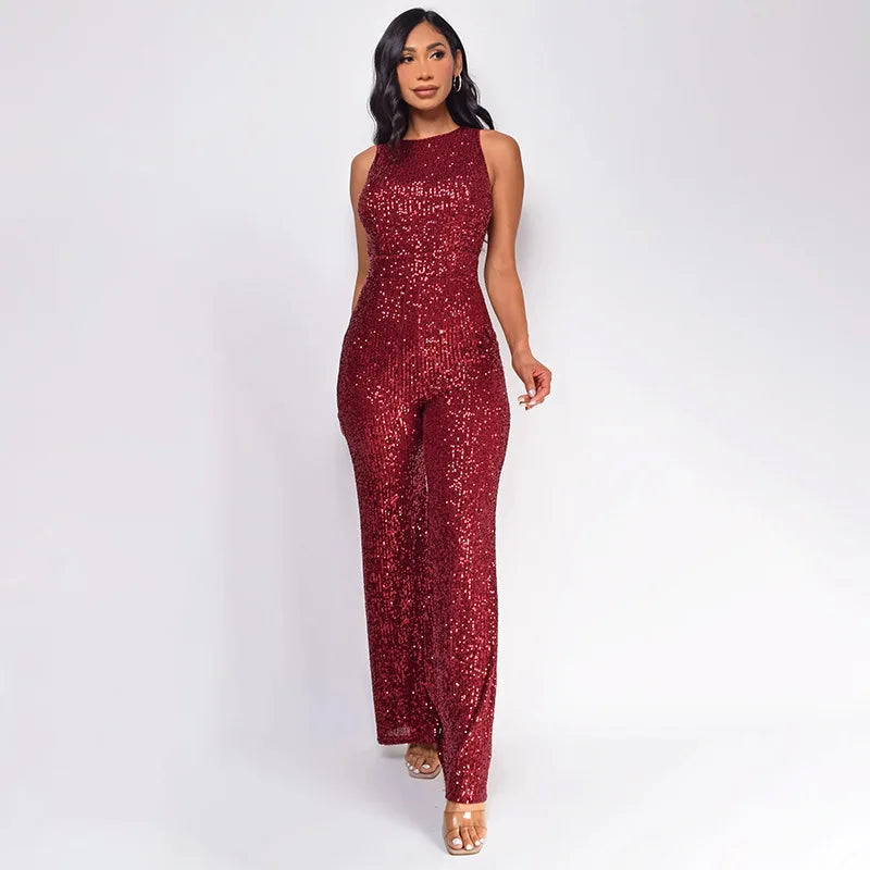 Sleeveless Sequined Jumpsuit Round Neck Slim Fit High Waist Sexy Sprin