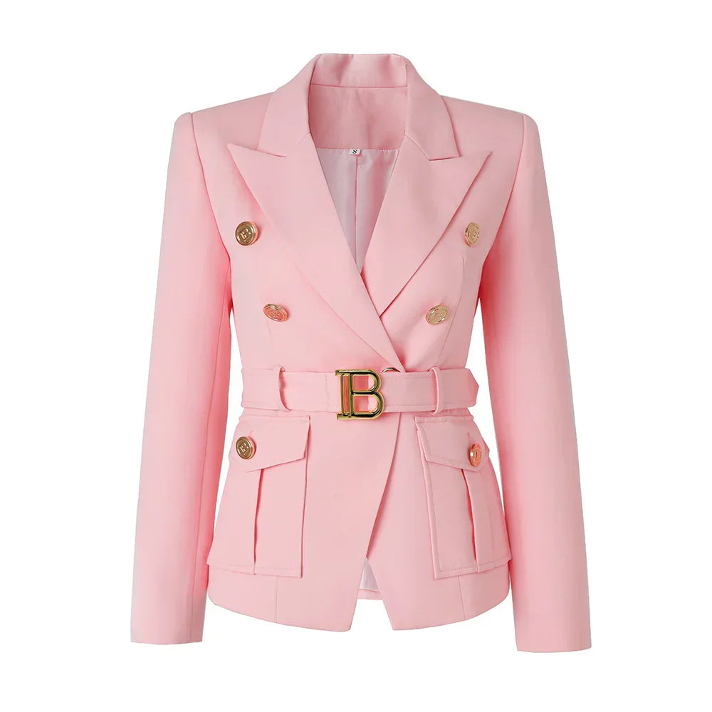 Luxury pink women's double-breasted blazer with notched collar and pockets.