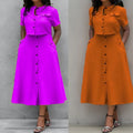 Two-piece Set Elegant O Neck Short-sleeved Button Top High Waist Skirt