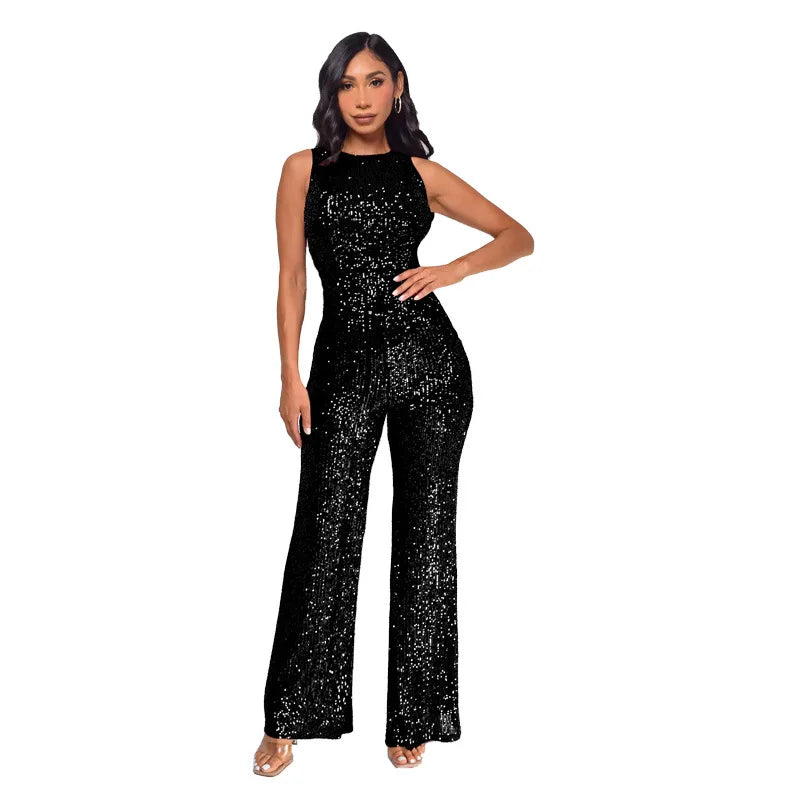 Sleeveless Sequined Jumpsuit Round Neck Slim Fit High Waist Sexy Sprin