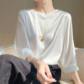 Blouse- Silk Half-Sleeve Tops Basic Solid Women Shirt Casual O-neck