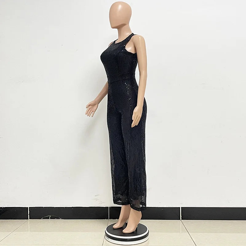 Sleeveless Sequined Jumpsuit Round Neck Slim Fit High Waist Sexy SprinSPECIFICATIONSBrand Name: mandylandyStyle: StreetwearAge: MIDDLE AGEOrigin: Mainland ChinaCN: GuangdongSeason: SummerMaterial: POLYESTERDecoration: SequinedFabric TyDMEwomenstorenull