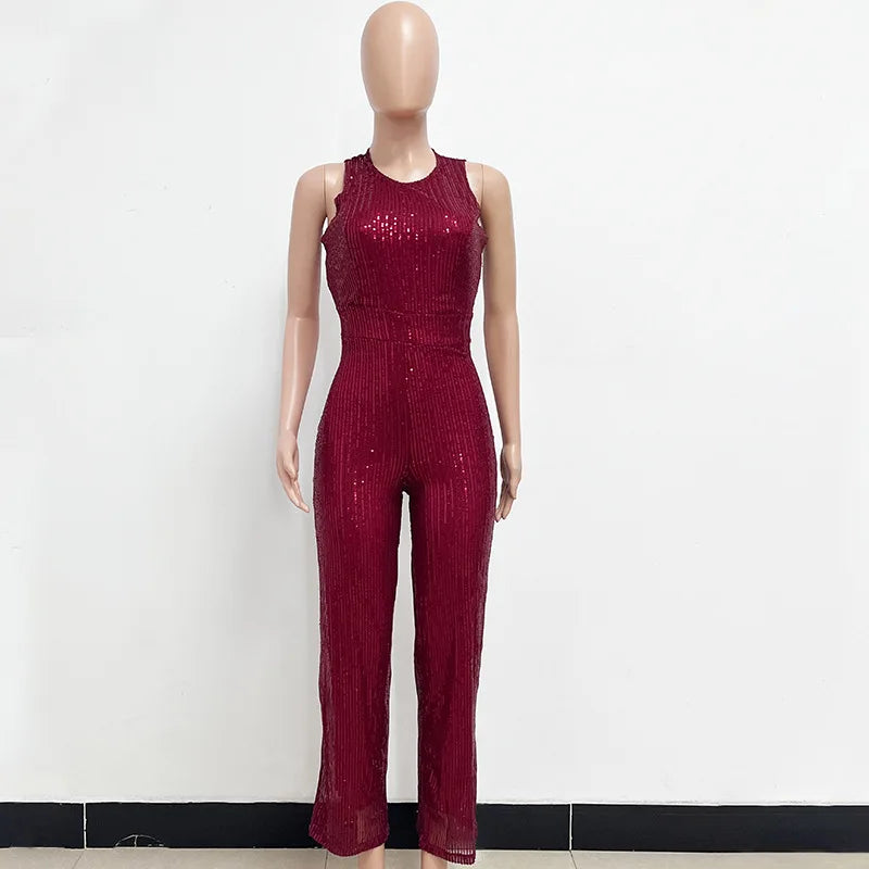 Sleeveless Sequined Jumpsuit Round Neck Slim Fit High Waist Sexy SprinSPECIFICATIONSBrand Name: mandylandyStyle: StreetwearAge: MIDDLE AGEOrigin: Mainland ChinaCN: GuangdongSeason: SummerMaterial: POLYESTERDecoration: SequinedFabric TyDMEwomenstorenull