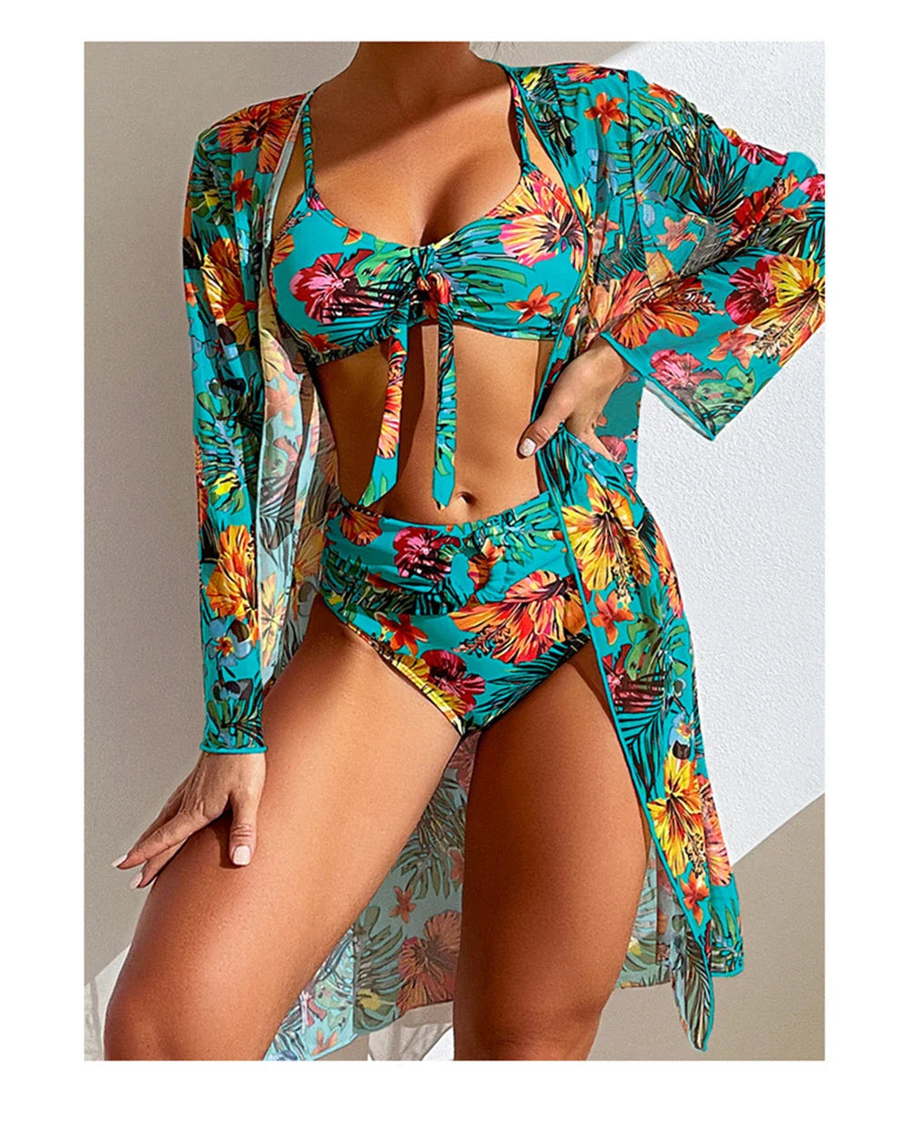 Swimwear- Sexy High Waist Bikini 3 Pieces Floral Print Swimsuit