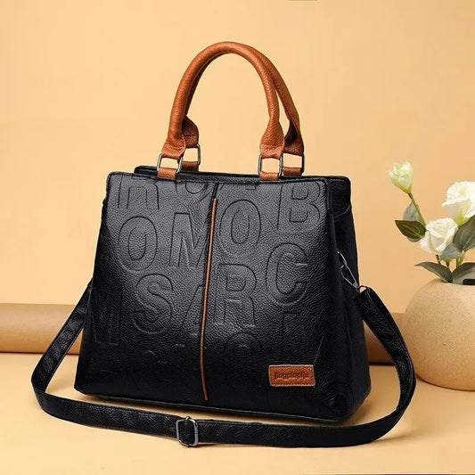 Handbag- Fashion Solid Color Shoulder Large Capacity Soft Leather