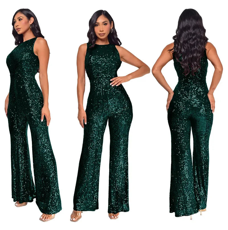 Sleeveless Sequined Jumpsuit Round Neck Slim Fit High Waist Sexy Sprin