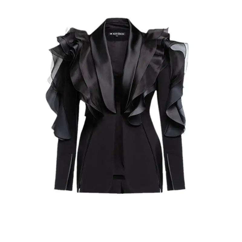 Ladies black blazer coat with ruffle decoration, shawl collar, and slim fit style.