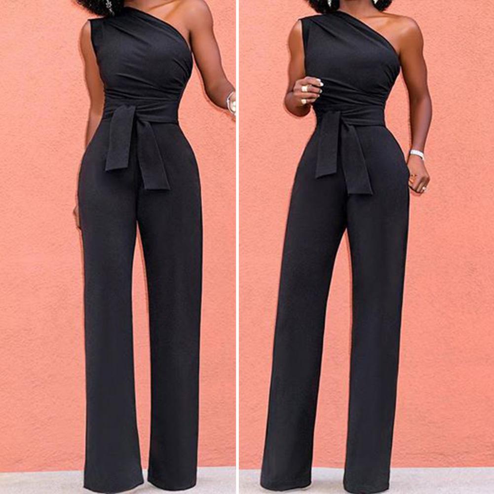 Sexy One Shoulder Jumpsuit Sleeveless Belt Wide Leg Elegant Lady New SSPECIFICATIONSAge: MIDDLE AGEBrand Name: SANWOODCN: GuangdongCraft of Weaving: OtherDecoration: PocketsFabric Type: BroadclothFabric content: 96% and aboveFit Type: DMEwomenstorenull