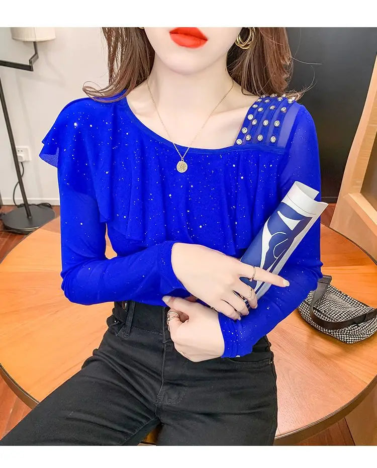 Sweet Skew Collar Spliced Gauze Ruffles Beading Blouse Female ClothingSPECIFICATIONSBrand Name: COZOKStyle: SweetElasticity: Slight StrechOrigin: Mainland ChinaSeason: Spring/SummerFabric Type: blendedMaterial: POLYESTERPattern Type: SDMEwomenstorenull