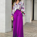 2-Pieces Set Print Blouse Solid High Waist Wide Leg Pants Elegant Lady