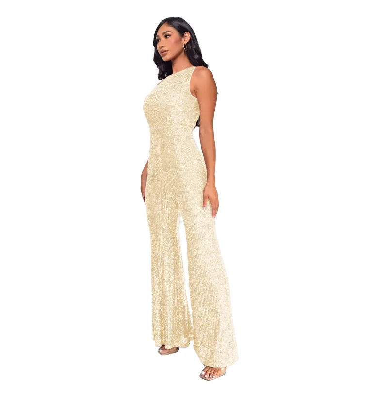 Sleeveless Sequined Jumpsuit Round Neck Slim Fit High Waist Sexy Sprin