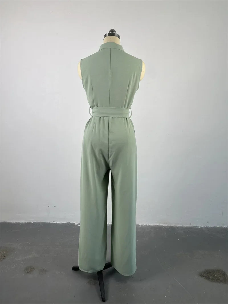 Women Pocket Front Zipper Sleeveless Wide Leg Jumpsuit One Piece Suit 