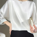 Blouse- Silk Half-Sleeve Tops Basic Solid Women Shirt Casual O-neck