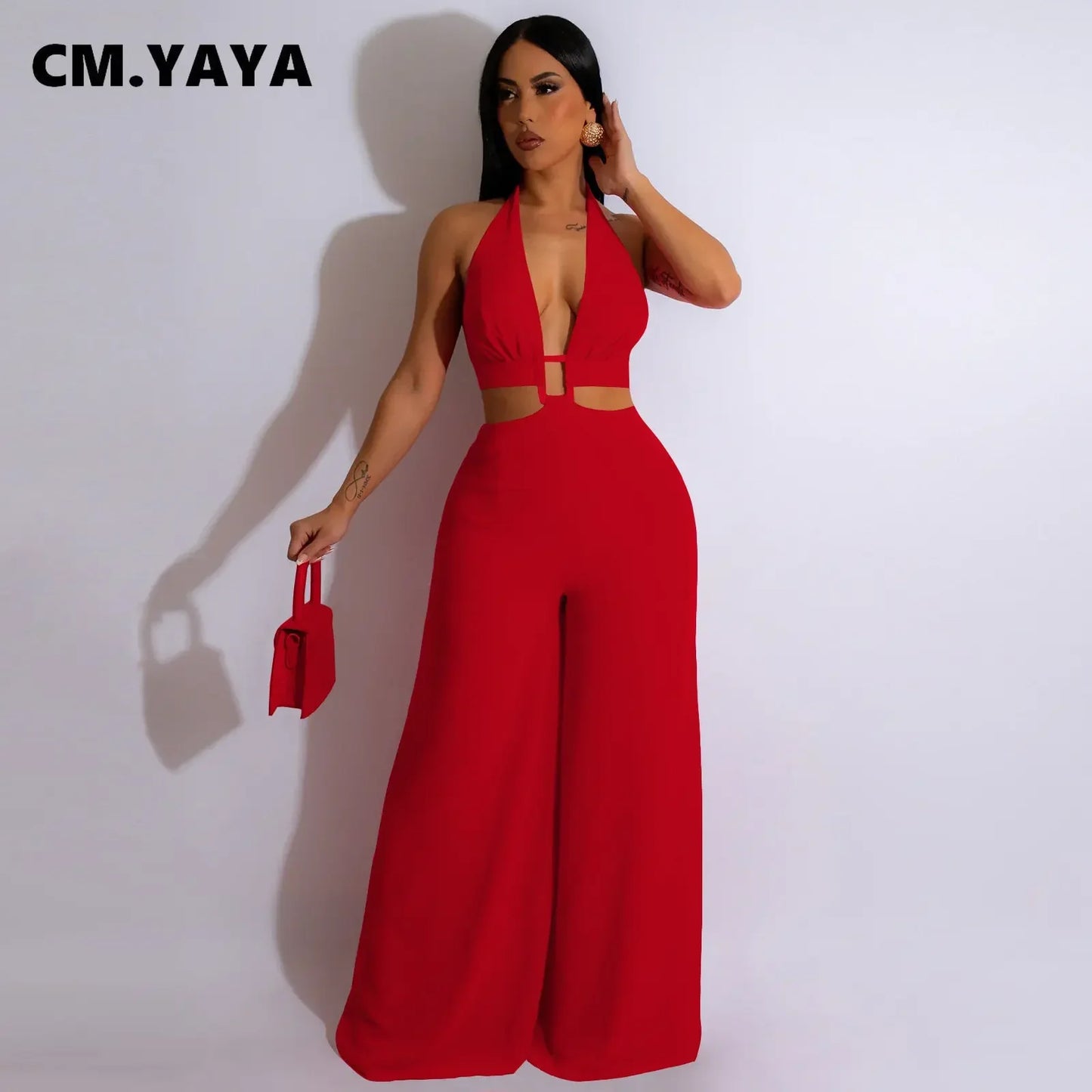 Jumpsuit- Halter Neck Backless Sleeveless Straight Loose Wide Leg