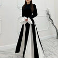 Pleated Dress Color Blocked Flared Sleeves Ladies Elegant Patchwork 
