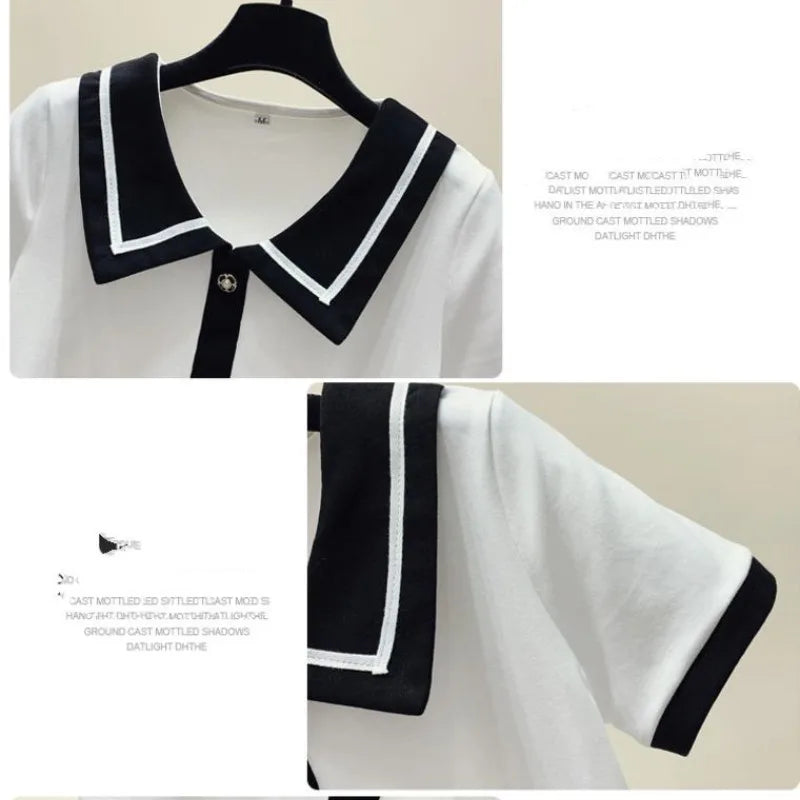 Sweater-Pullover Doll Neck New Patchwork Button Striped Ice Silk Short