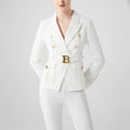 Luxury style white double-breasted women's blazer with notched collar and pockets.