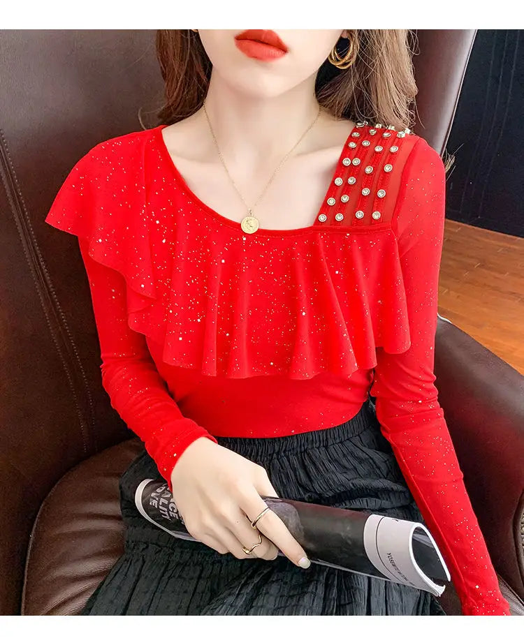 Sweet Skew Collar Spliced Gauze Ruffles Beading Blouse Female ClothingSPECIFICATIONSBrand Name: COZOKStyle: SweetElasticity: Slight StrechOrigin: Mainland ChinaSeason: Spring/SummerFabric Type: blendedMaterial: POLYESTERPattern Type: SDMEwomenstorenull