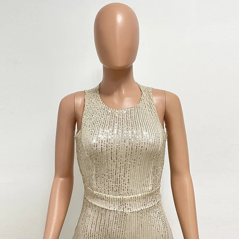 Sleeveless Sequined Jumpsuit Round Neck Slim Fit High Waist Sexy Sprin